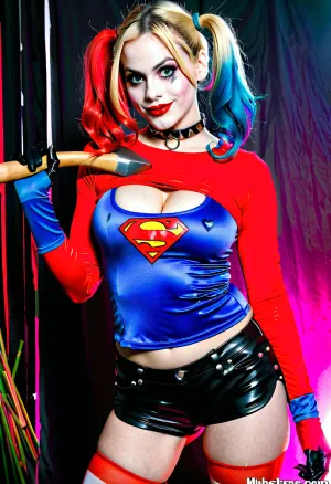 Harley Quinn, the iconic DC Universe character, with a playful and mischievous expression, posed in her signature pigtails, a simple outfit of blue and pink. She could be wearing a mix of her "Suicide Squad" outfit with a