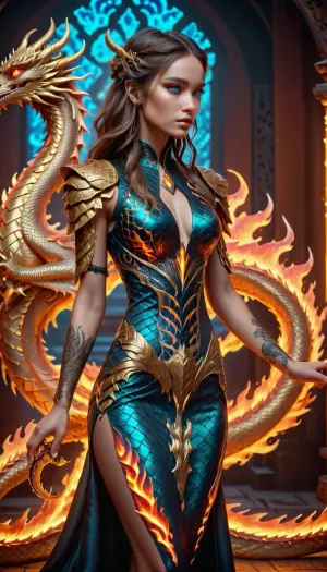 美丽的生物纹身 霓虹金长发 霓虹黑眼龙女摆姿势 金龙背景 F41Arm0rXL