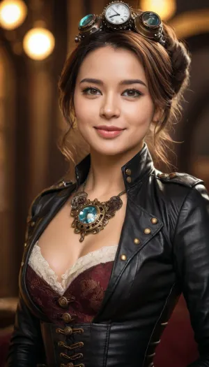 The photorealistic AI generated image of a beautiful Asian woman with high-quality cinematic film grain and a full Body close-up, taken in an epic setting with a brooch on her chest, and the background is filled with stunning scenery