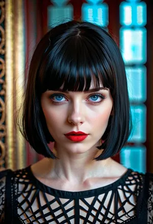 pretty goth girl, black bobcut with bangs, blue eyes, red lipstick, pale skin