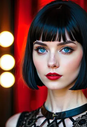 짧은 검은 bobcut, 파란 눈, 빨간 립스틱, 그리고 그녀의 컴퓨터 스크린의 앞에 pale 피부 sat와 예쁜 고딕 소녀. 그녀는 다양한 포즈와 의상에서 사진을 통해 스크롤했습니다. 갑자기, 그녀는 그림의 주위에왔다