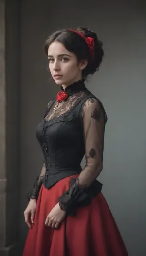 A 35-year-old Spanish woman dressed in a beautiful black victorian dress with red trim, curtsy and a graceful style as she walked down the cobblestone road. She had full body view and her hair was styled in a starry