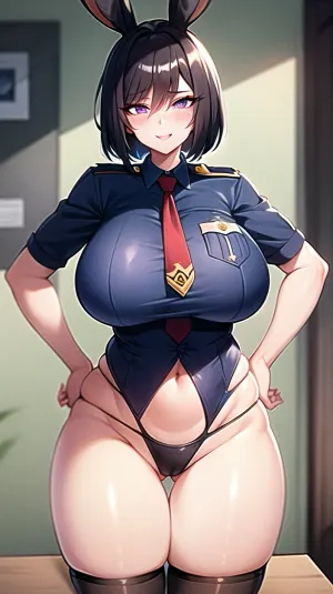 朱迪·霍普斯(Judy Hopps)是一只美丽而挥发的兔子,臀部宽广,皮肤华丽,在使用自然光线的演播室照明装置中被捕获. 她的毛茸茸的身躯被完全展示出来 当她把镜头,她的眼睛闭上了