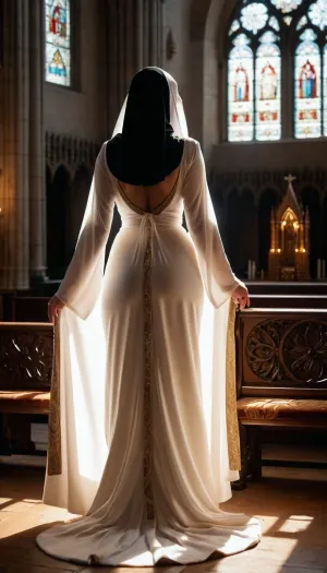 The nun sat on the bench, her hands clasped in prayer, as she revealed the curves of her voluptuous figure. Her habit was tight against her body, revealing every moment of this sacred moment. She had a strong jawline and piercing