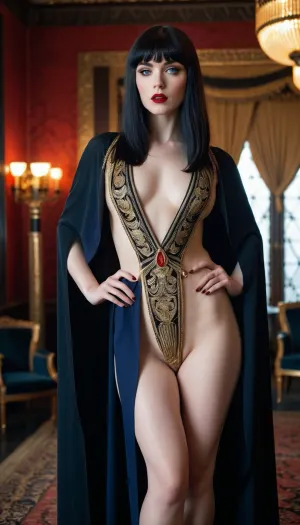 Une femme des années 20 nue, mince, cuisses épaisses, larges hanches pâles peau et yeux bleus posé séduisantement dans une pièce avec décor noir et or art déco. Son rouge à lèvres rouge était séduisant comme elle a posé pour le