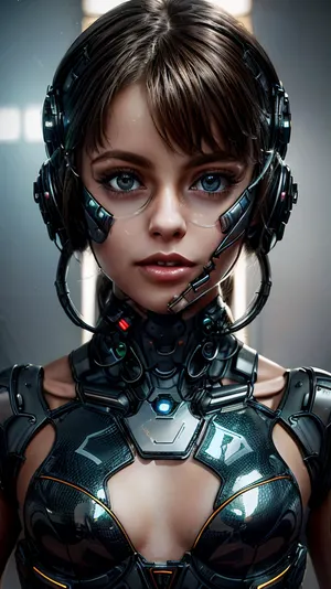 Sandra Chevrier'in futuristic karakteri, düzgün bir deri ve yüksek çözünürlüklü detaylarla güzel bir cyborg kızı, bir siberpunk tarzı fotoğraf için mükemmel bir konu. Üçüncülerin ve karmaşık ayrıntıların kuralı, çekici bir görüntü yaratır, bu da onu ele alır