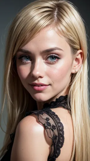 The AI generated a photorealistic drawing of a girl with bright eyes and dimples on her cheeks, wearing a hyperrealistic outfit. The photo was taken in front of a matte toned background with clear thin lines and gray-blue tones