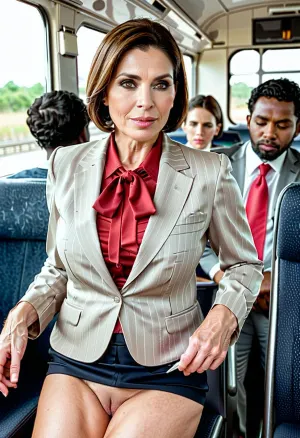 Una donna d'affari di 55 anni in un autobus pieno di vecchi neri indossava una gonna corta grigia e blazer grigio. Ha tirato su la gonna, rivelando la sua figa, che era grigio con le rughe. I suoi vecchi uomini neri fissarono