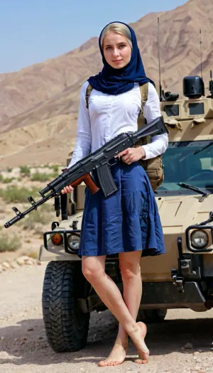 Uma menina petite com um hijab e AK-47 rifle está no meio de um deserto, pronto para derrubar qualquer inimigo que ousa atravessar seu caminho