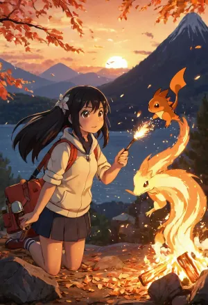 身着火光的头发的女孩在燃烧的森林中奔跑,手持一把烈剑. 她用她的烈剑点燃了它,继续跑过大火,直到她到达一个空地,那里有一个开口的火炬等着她