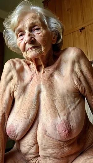 The old woman lay naked on her back, her wrinkled skin stretched taut over her saggy body. Her pussy was smooth and pale, with no hair or pubic hair visible. She had a saggy belly and sagging breasts that hung