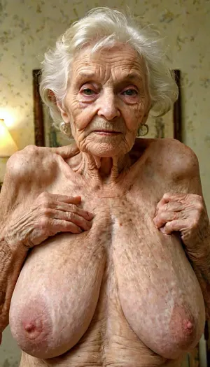 The old wrinkled granny lay naked on her bed, her saggy breasts and wrinkled pussy on full display. She was smiling as she looked up at the camera, showing off her wrinkles and saggy skin. Despite being old and wrink