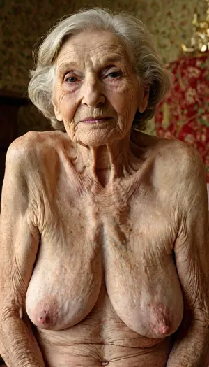 The old, wrinkled granny was sitting on her couch, looking at her computer screen. She had a saggy face and saggy breasts that were sagging down to her stomach. Her wrinkled pussy was visible through the open slit of her