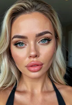 A 19-year-old bimbo slut with a foxy smile and fake everything is the subject of this picture. She has undergone extensive plastic surgery to enhance her appearance, including silicone injections, lip augmentation with collagen injections or fat transfer surgery,