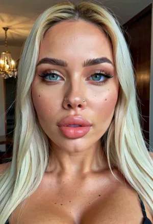 A 19-year-old bimbo slut with high standards for her appearance has undergone a series of surgeries to enhance her appearance, including lip injections, cheek fillers, chin implants, and jawline correction. Her skin is ultra-smooth and