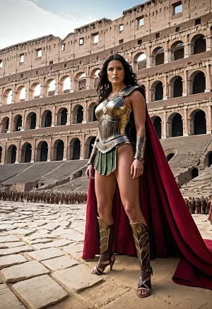 Livia, une belle jeune européenne de 30 ans portrait complet du corps avec un texte maximum. Texte : Livia, la Rose Férocieuse, se tenait prête au combat dans le colisée de l'arène. Son armure était un mélange d'acier poli