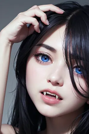 The woman's sharp fangs glinted in the light as she smiled seductively at the camera, her porcelain skin flawless and her blue eyes sparkling with mischief. Her ultra high res portrait showed off every detail of her
