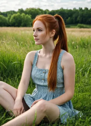 The college age redhead sat in a grassy field, her long hair flowing in the breeze. She was wearing a sundress and had her laptop open, typing away. Suddenly, she heard rustling sounds coming from behind her and turned around to