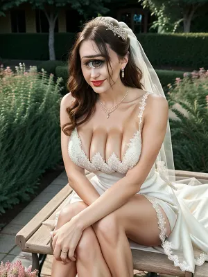 Un fotografo di matrimonio professionale ha catturato una splendida sposa di 20 anni indossando un elegante abito da sposa moderno con una vista completa del corpo, tre seni, perfetto scollamento e senza mutandine. La donna aveva tre baci rossetto sulle labbra ed era seduta