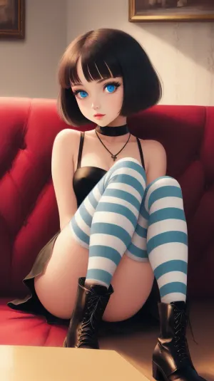 A jovem mulher com olhos azuis e meias listradas sentou-se em um sofá em um clube, observando a stripper no palco com foco intenso. Suas mãos aderiu a borda do sofá firmemente enquanto ela assistia os movimentos da dançarina, seu corpo ansiando