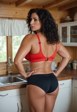 A mãe arménia peituda correu pela cozinha de casa de campo, suando profusamente. Seu corpo curvilíneo quente foi coberto em uma camada fina de suor, e seu top esportivo apertado agarrado a suas curvas. Apesar de ter 40 anos, ela olhou