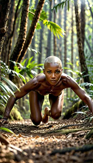A fully naked lady, age 36, with long hair and crawling fast through the dense forest. She is returning to her village after a long journey. Her face is etched with fear and she crawls fast through the dense forest