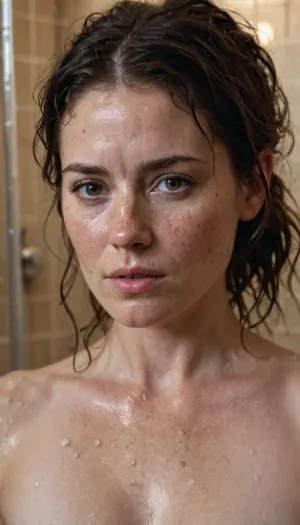 एक औरत, उसके शरीर पर गन्दा बाल और freckles के साथ 35 साल पुराना, शॉवर में था। वह पानी पर चली गई और उसे अपने शरीर पर चलने दें। जब वह खुद को धोती थी, तो वह मदद नहीं कर सकती थी लेकिन उनकी तस्वीरों के बारे में सोचती है