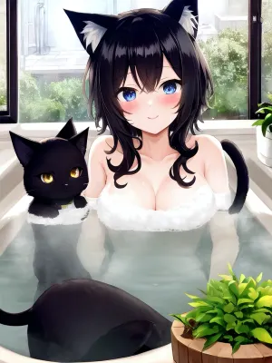 Fran, a catgirl with black hair and blue eyes, was taking a bath in her cozy bathroom. She loved to relax in the warm water while she groomed her fluffy short hair. Suddenly, she heard a strange noise coming from outside