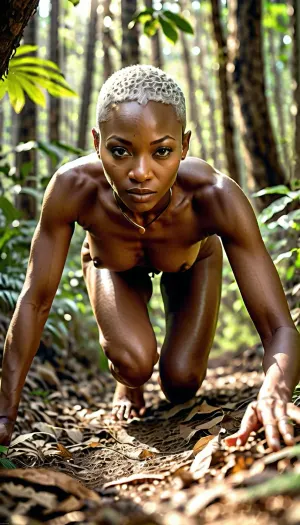 The African woman was running through the dense forest, her heart pounding in her chest. She could hear the sound of leaves rustling and branches snapping behind her. Suddenly, she heard a loud crack behind her and turned to see a massive tree falling