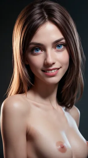 Violeta, uma jovem com pele pálida e cabelo vermelho escuro, adorava desenhar e criar bela arte com seu corpo nu como fundo. Ela tinha cabelo vermelho escuro, retrato próximo, pele pálida perfeita com olhos grandes que eram azuis como o céu