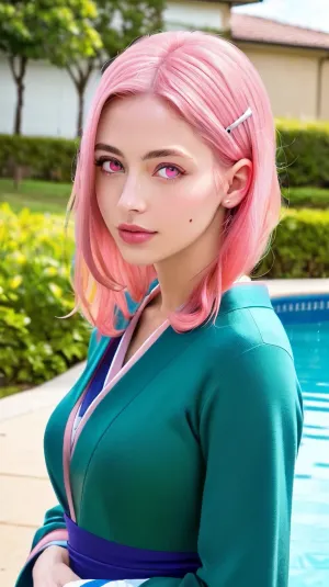 Uma menina adulta jovem com cabelo rosa e olhos ficou na frente de um grande parque aquático, seu corpo envolto em um biquíni rosa apertado. Ela tinha seios completos e quadris redondos, com cabelo longo que em cascata em suas costas. Seus olhos eram