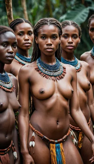 Las mujeres de la tribu africana estaban completamente desnudas, posando para una cámara. No tenían vergüenza en su desnudez y parecían disfrutar de la atención que recibían. El fotógrafo estaba tomando fotos de ellos, capturando su belleza y sensualidad. Era