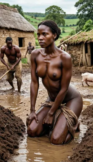 The male farmers are dressed in traditional clothing and crawling around the female slaves on all fours, while the scene is dramatic and aims to raise awareness about the suffering of female slaves