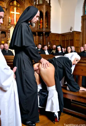 若い尼は、完全な体、傑作、最高の品質、ボケ、フルフェイス、コングレゲーションの前で異性性性性性の中間にあった。 白のガウンを身に着けて、白髪の長い髪の毛がパンに染まりました。 モンク