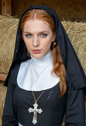 The Scottish girl in the horse stable was cumming from a picture of herself with perfect makeup, red hair, and high-quality digital artwork. She was cumming from looking at a photo of herself with perfect breasts and an orgasmic expression on her