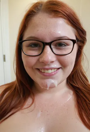Photo realistic, Pretty, ((smoking a cigar)), chubby, fat face, copper ginger hair, Scottish young adult girl, BBW, glasses, round face, amateur, highly detailed hair, highly detailed skin, realistic skin, shoulder length hair, cheesy grin, freckles, cum over face, milk shower, (cum covered breasts:.7)