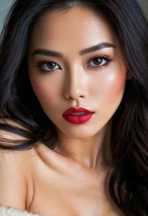 La bella donna asiatica ha posato per un servizio fotografico, indossando un bu pube e lunghi capelli neri. I suoi occhi perfetti fissavano la telecamera, mentre le labbra erano perfettamente rosse. Si è appoggiata allo spettatore con un'espressione gentile sul suo volto, mostrando