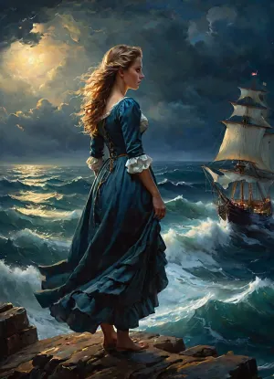 The girl in the tattered and torn medieval ragged dress stood on the high cliff above the sea, looking out to sea. She was staring at a sinking ship on the right part of frame. The wind was howling and gale force winds