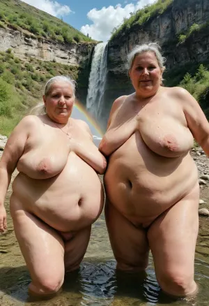 Dos ancianas gordas Las mujeres Lisbian nadan juntas en un río de montaña, desnudas, cascadas, spray, arco iris. Tienen pechugas y estrías