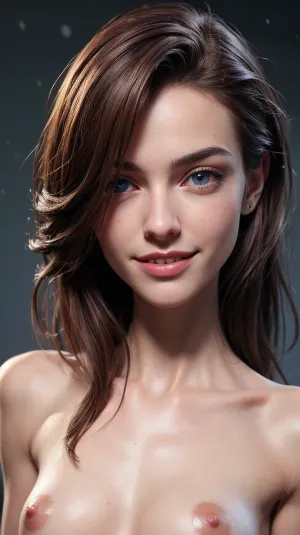 O retrato gerado pela IA da menina nua com pele pálida perfeita e olhos azuis foi gerado por uma IA. Ela tinha um rosto bonito, cabelo vermelho escuro e seios perfeitos. O retrato estava em uma aldeia medieval com neve caindo do céu