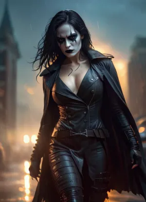 The Crow is a dark fantasy art of the woman dressed as the "The Crow" in Gotham City, with her muscular build and runny makeup. She is lurking in the shadows of Gotham City, with a fighter pose