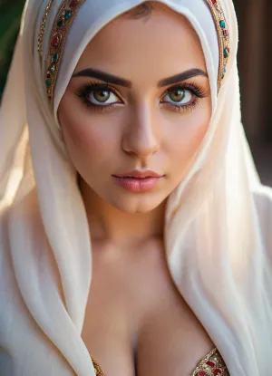 The girl with perfect eyes and a cute Persian face was dressed in an adorable hijab, long eyelashes, and big eyes. She had perfect lips, blushing cheeks, and a curvy body. Her busty chest was covered by her loose