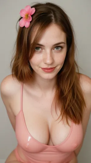 핑크 얼굴과 붉은 머리와 귀여운 소녀는 그녀의 컴퓨터 앞에서 앉아, 멀리 입력. 그녀는 그녀의 얼굴에 큰 미소를 가지고 거울에서 자신을보고, 그녀의 모습의 직물을 통해 그녀의 틈새를 짜고