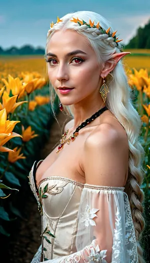 La foto de la reina elvena fue tomada con una cámara DSLR, usando un Sony A7 IV y un lente de ultra-alta resolución. La foto fue tomada en un camino, rodeado de flores y árboles. La reina elfo tenía pelo largo que