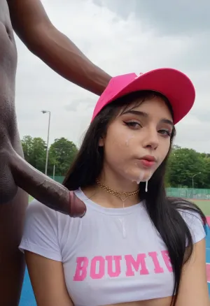 Deux jeunes e-filles, l'une avec une photo d'un visage ahegao sur son téléphone et l'autre avec une visière noir mat large avec des lettres roses qui lisent « focus on face », assis sur un banc dans le parc, appréciant