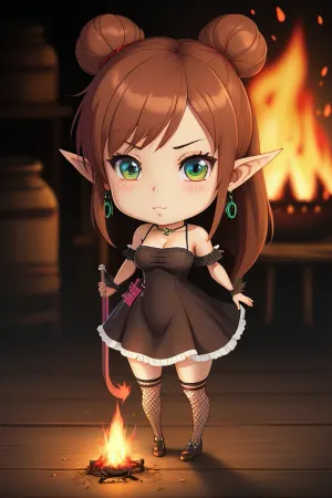 一个长头发和烧焦的裙子的漂亮女孩 站在烈火前 她完美的脸蛋 奇比耳朵和魔法力量 让她看起来像八千张画