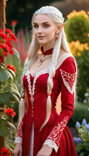 A jovem rainha do elfo estava no jardim da flor, seu cabelo longo fluindo para baixo de suas costas. Ela usava um vestido de batik com um colete de renda e saltos altos. Seu corpo magro era perfeito, e ela tinha uma beleza natural que era difícil resistir