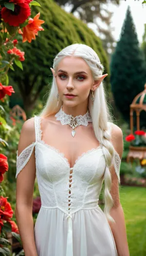 Uzun saç ve ince vücut olan genç kadın elf kraliçe bir çiçek bahçesinde duruyordu, karmaşık bir victorian tarzı elbise giyiyordu. Onun güzel fotoğraflarını çeken profesyonel bir fotoğrafçı ile tam uzunlukta fotoshoot vardı. Onun keskin odak ve