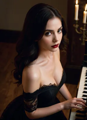 La ragazza suonava il pianoforte con le sue dita morbide e delicate, e indossava un vestito nero in pizzo che abbracciava le curve. Aveva una vista ravvicinata delle candele che brillavano sulle chiavi del piano, e stava suonando una melodia morbida che riempiva