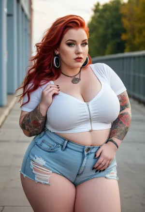 Гипер-жировый толстушки модель карлика с гипер толстыми бедрами и гипер большой жир круглый зад, готические татуировки, ходьба современной густости, горные линии. Ветрявые волосы. Прогулка по современному стилю, линии. Восход солнца. Лучшие